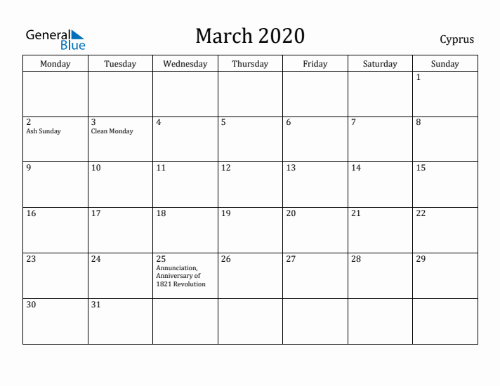 March 2020 Calendar Cyprus