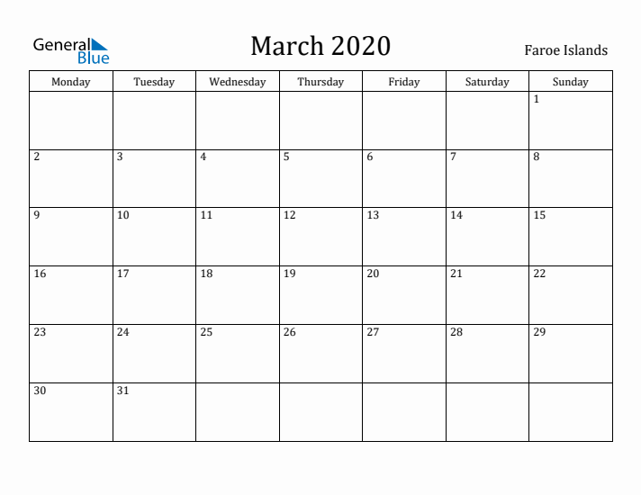 March 2020 Calendar Faroe Islands