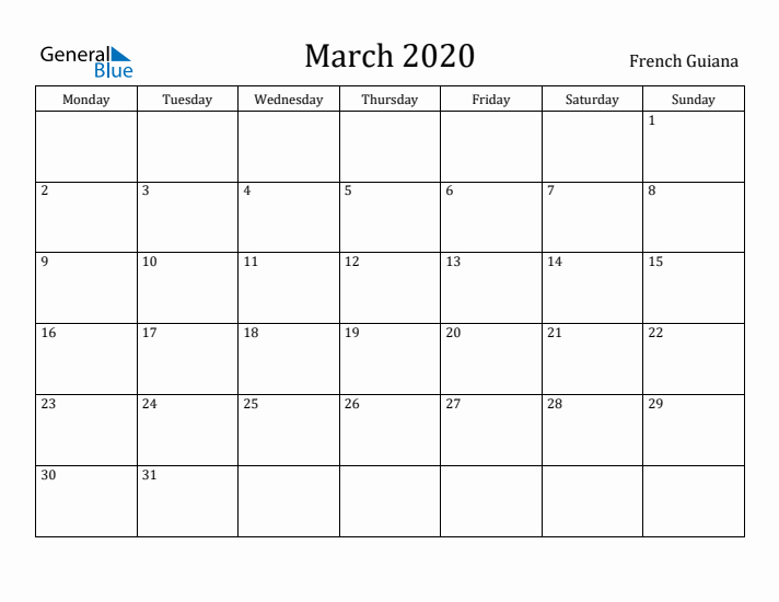 March 2020 Calendar French Guiana