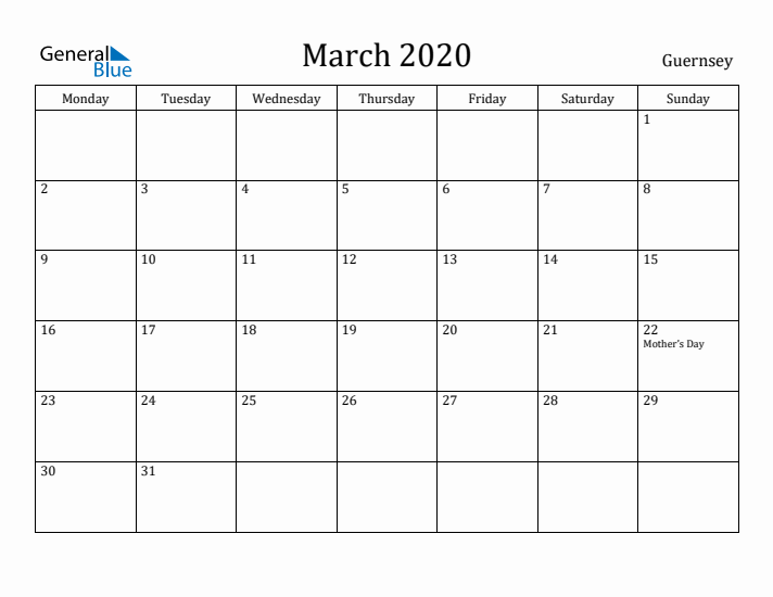 March 2020 Calendar Guernsey