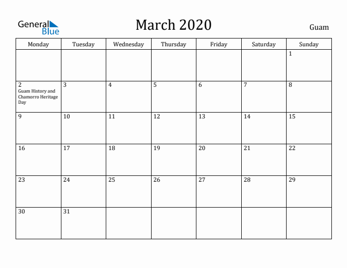 March 2020 Calendar Guam