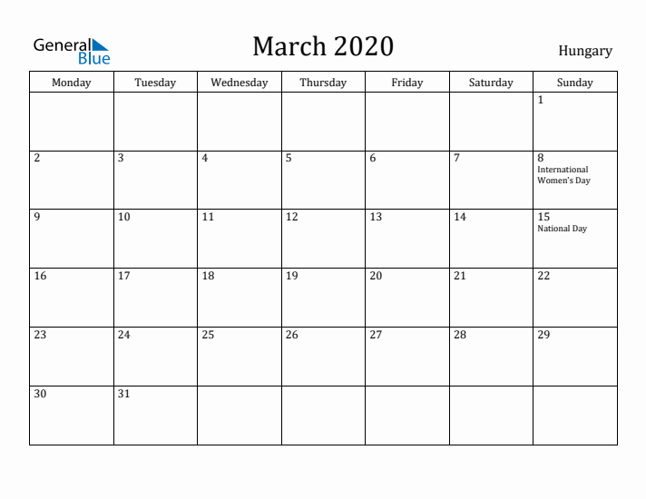 March 2020 Calendar Hungary