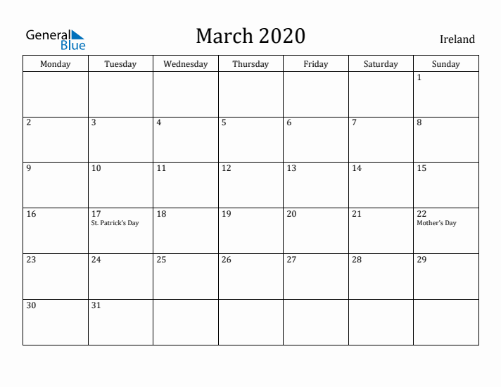 March 2020 Calendar Ireland