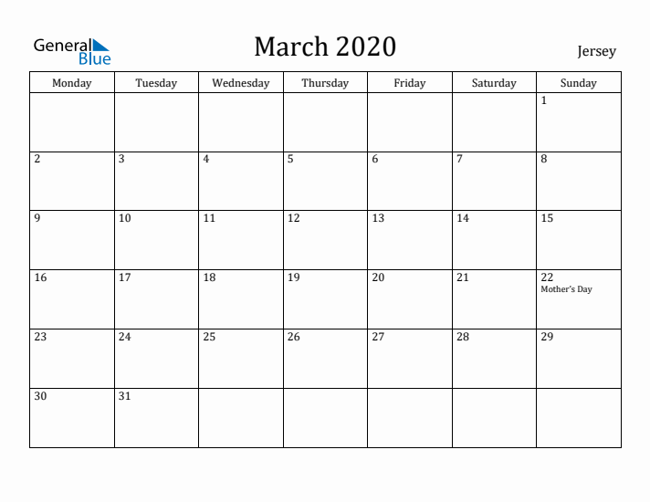 March 2020 Calendar Jersey