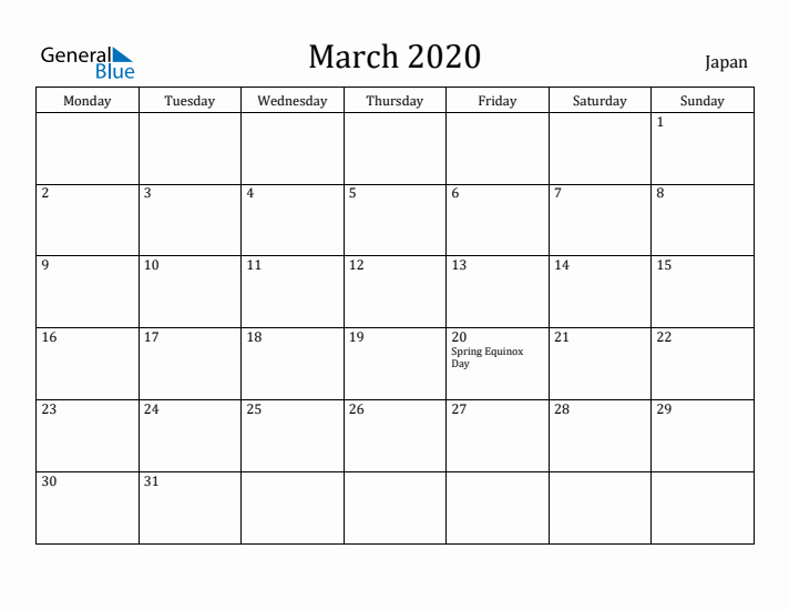 March 2020 Calendar Japan