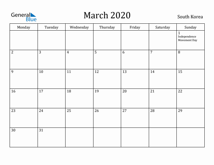 March 2020 Calendar South Korea