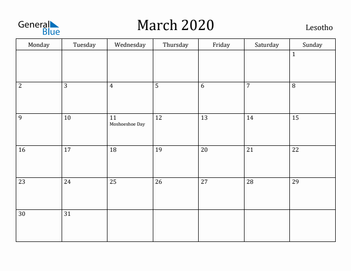 March 2020 Calendar Lesotho