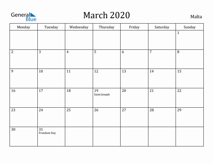 March 2020 Calendar Malta