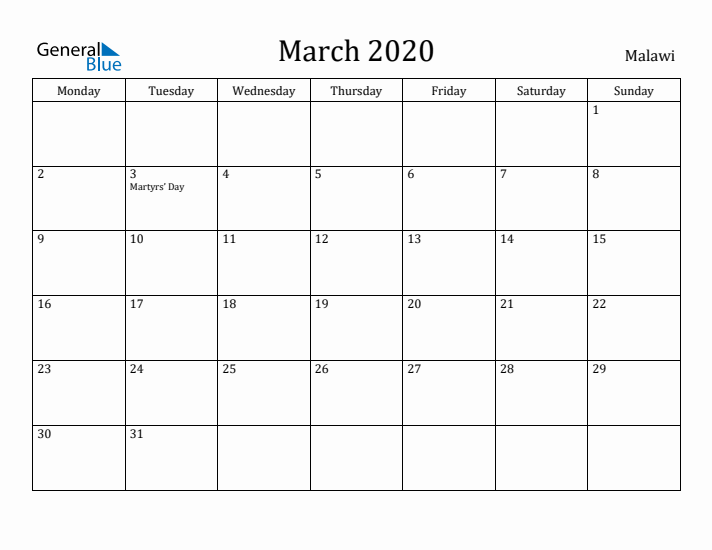 March 2020 Calendar Malawi