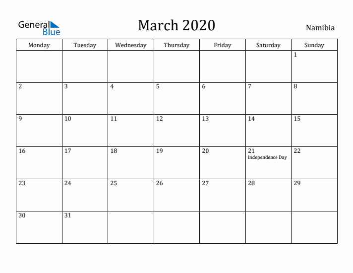 March 2020 Calendar Namibia