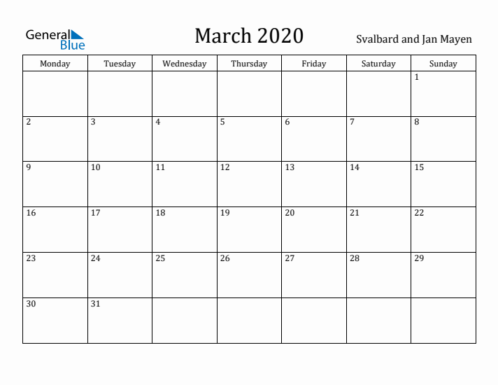 March 2020 Calendar Svalbard and Jan Mayen