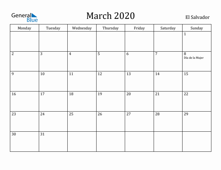 March 2020 Calendar El Salvador