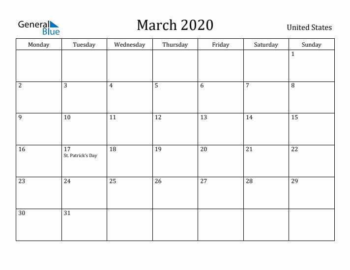 March 2020 Calendar United States