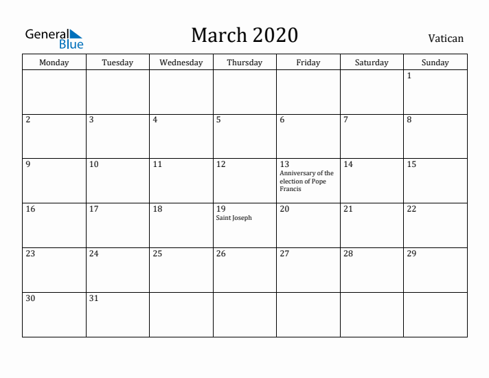 March 2020 Calendar Vatican
