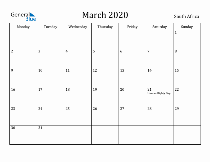 March 2020 Calendar South Africa