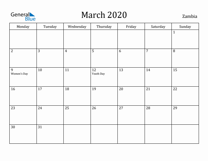 March 2020 Calendar Zambia