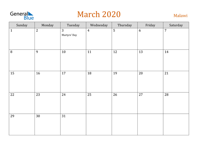 March 2020 Holiday Calendar