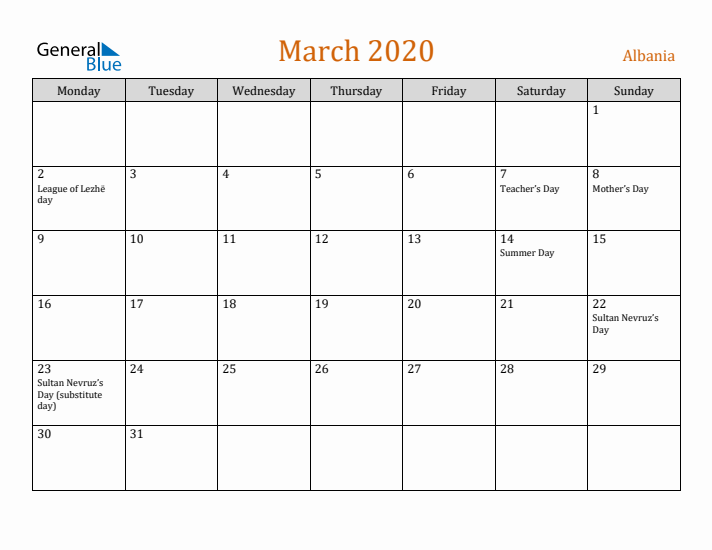March 2020 Holiday Calendar with Monday Start