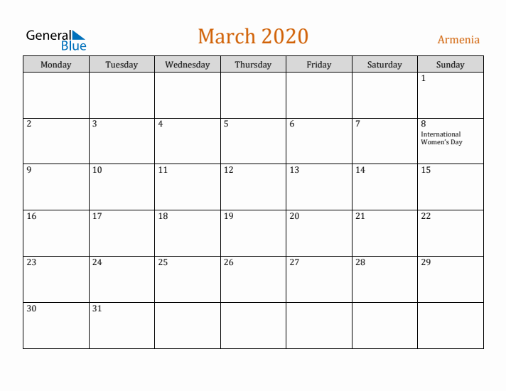 March 2020 Holiday Calendar with Monday Start