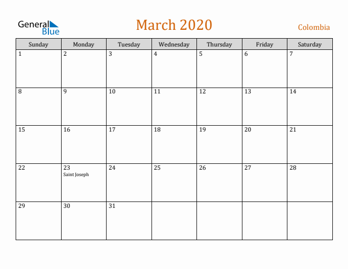 March 2020 Holiday Calendar with Sunday Start