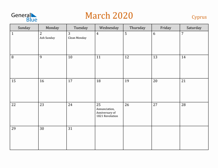 March 2020 Holiday Calendar with Sunday Start