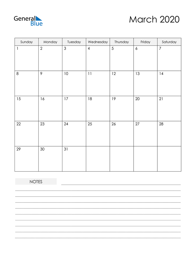  Printable Calendar with Notes - March 2020
