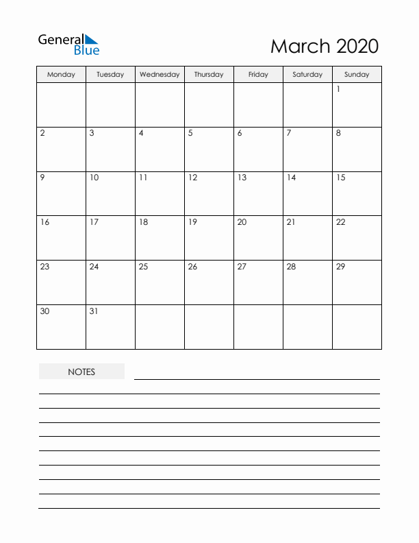 Printable Calendar with Notes - March 2020 