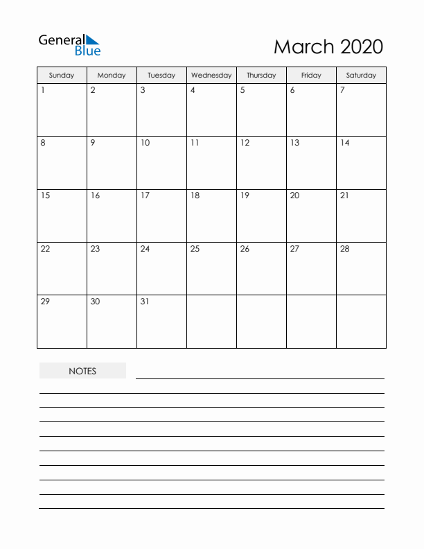 Printable Calendar with Notes - March 2020 