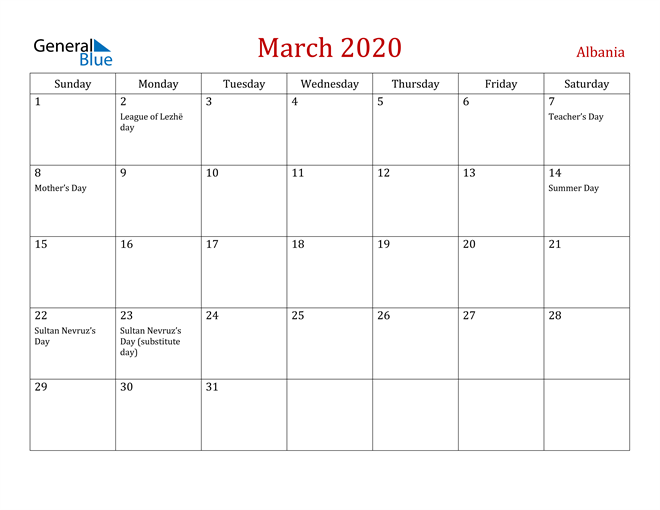 Albania March 2020 Calendar