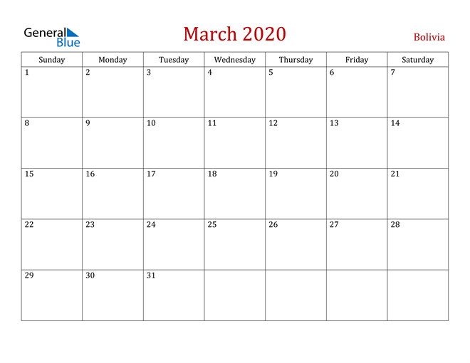 Bolivia March 2020 Calendar