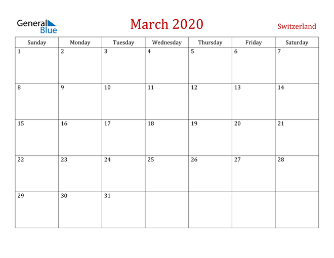 Switzerland March 2020 Calendar