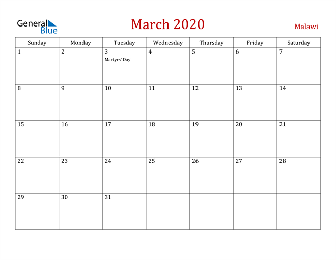 Malawi March 2020 Calendar