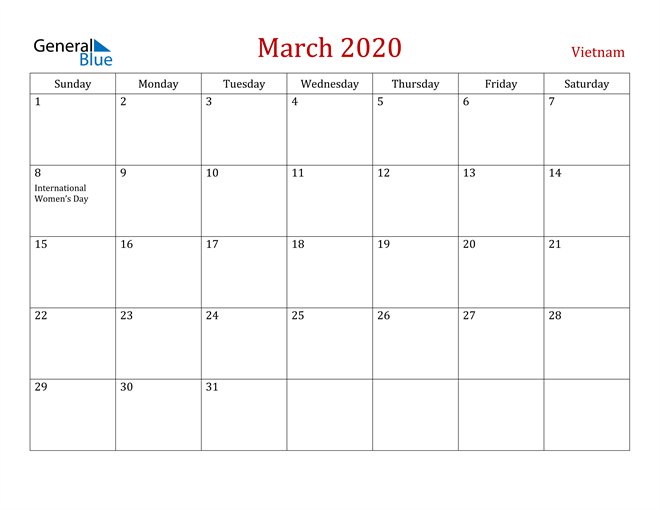 Vietnam March 2020 Calendar