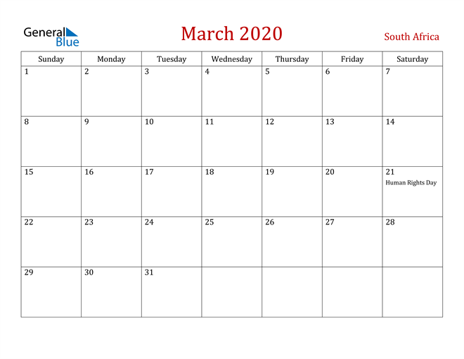 South Africa March 2020 Calendar
