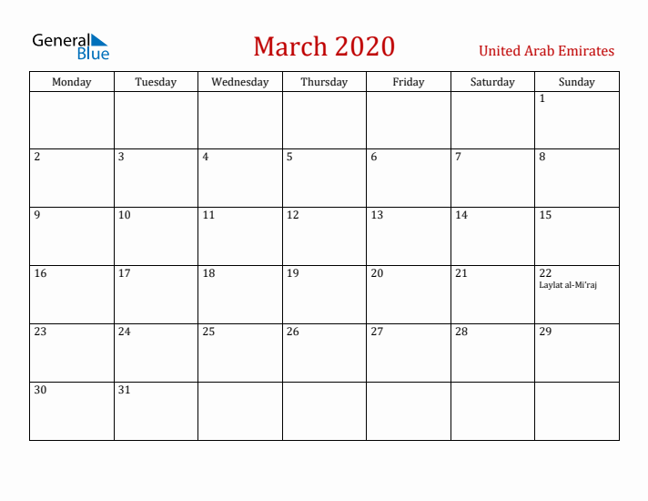 United Arab Emirates March 2020 Calendar - Monday Start