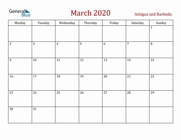 Antigua and Barbuda March 2020 Calendar - Monday Start