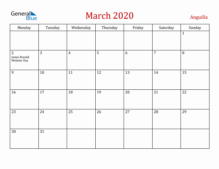 Anguilla March 2020 Calendar - Monday Start