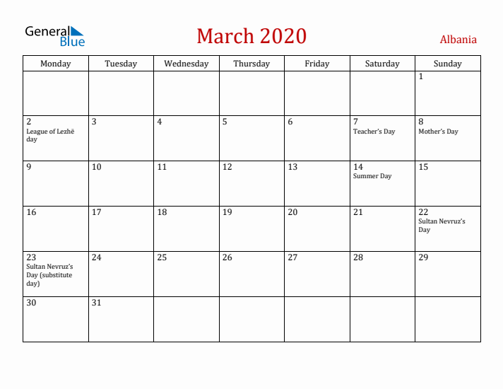 Albania March 2020 Calendar - Monday Start
