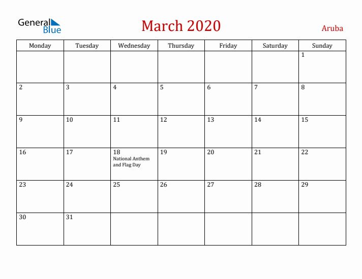 Aruba March 2020 Calendar - Monday Start