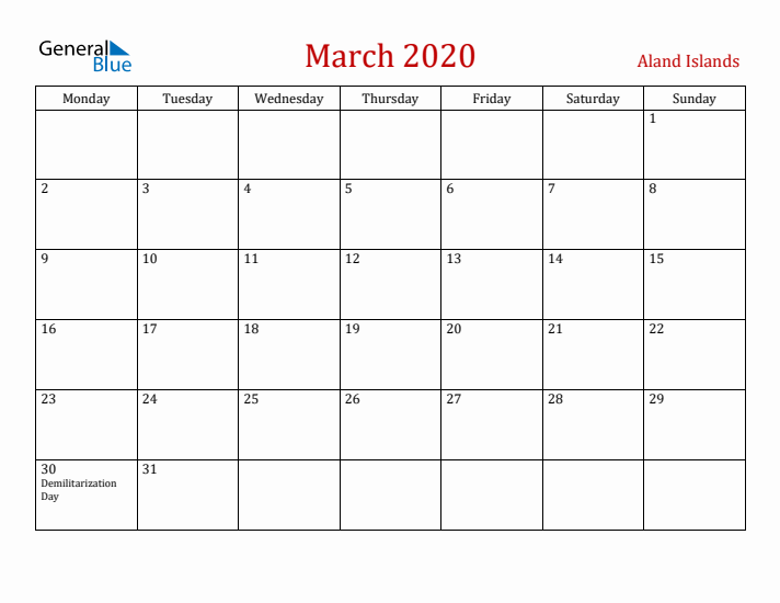 Aland Islands March 2020 Calendar - Monday Start