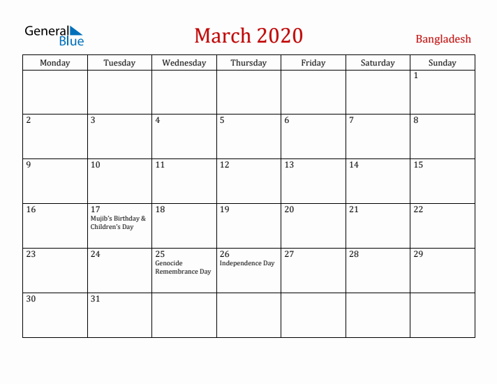 Bangladesh March 2020 Calendar - Monday Start