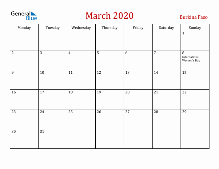 Burkina Faso March 2020 Calendar - Monday Start