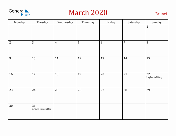 Brunei March 2020 Calendar - Monday Start