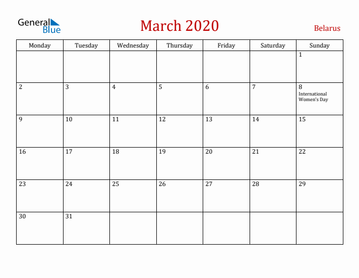 Belarus March 2020 Calendar - Monday Start