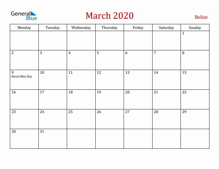 Belize March 2020 Calendar - Monday Start