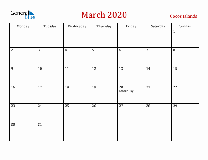 Cocos Islands March 2020 Calendar - Monday Start