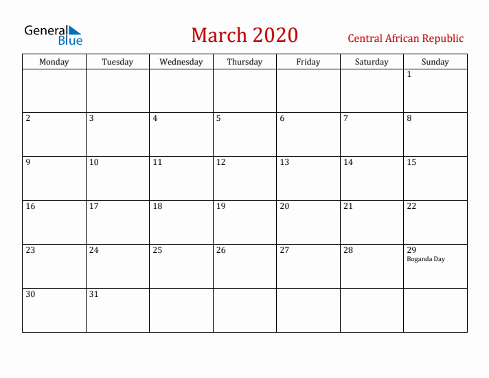 Central African Republic March 2020 Calendar - Monday Start