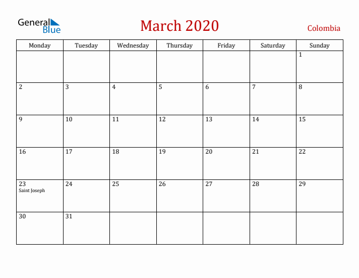 Colombia March 2020 Calendar - Monday Start