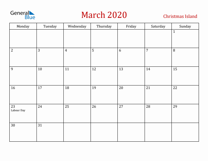 Christmas Island March 2020 Calendar - Monday Start