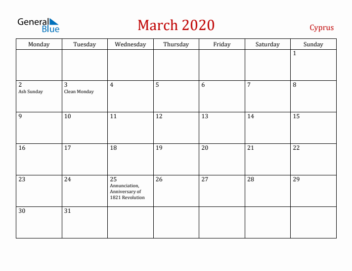 Cyprus March 2020 Calendar - Monday Start